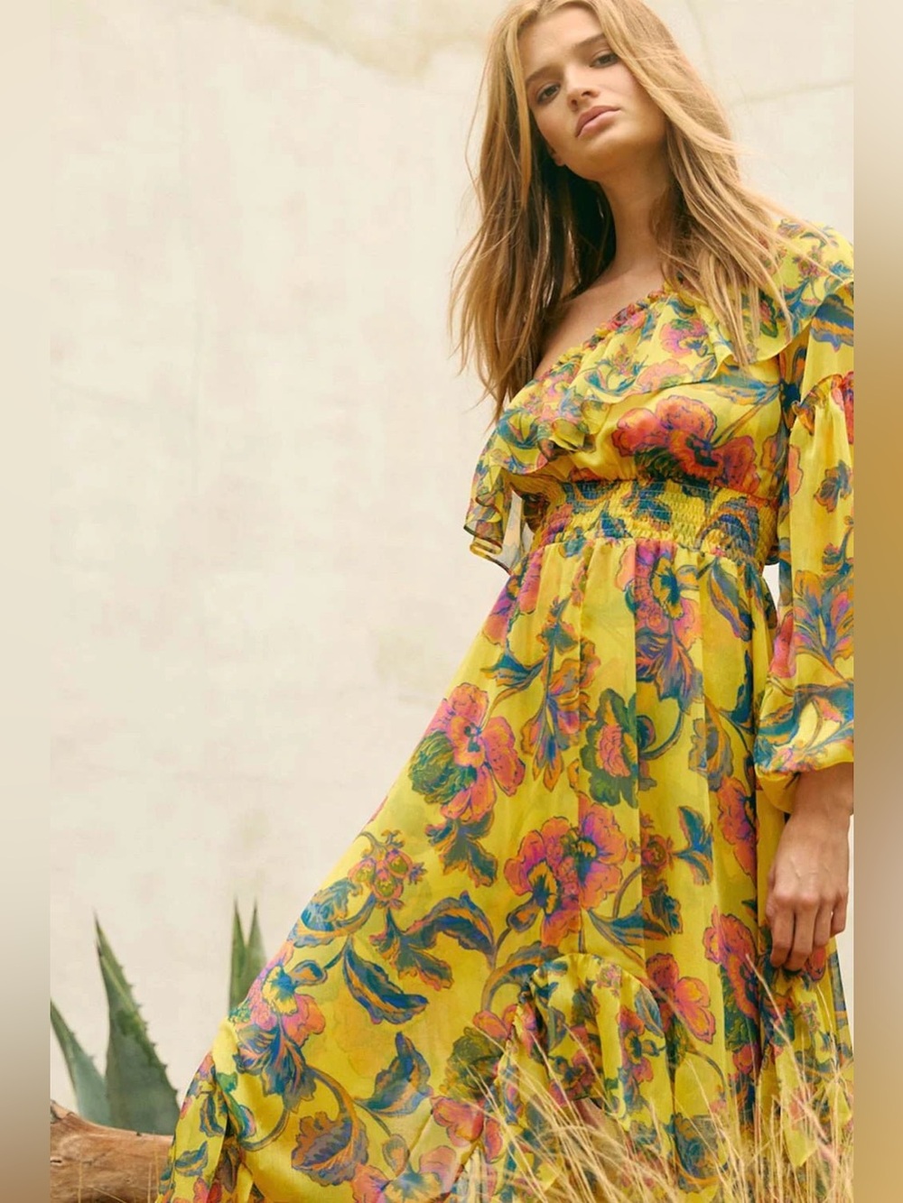 NWT MISA Floral Yellow Ruffled Dress sz M - Picture 7 of 8